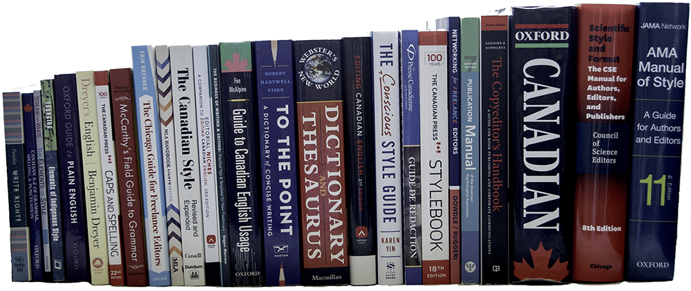Virginia St-Denis's bookshelf full of dictionaries, style guides, and other writing resource books.