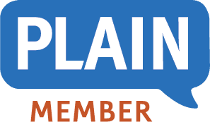 Plain Language Association International logo is a speech bubble with the abbreviation PLAIN in it. Below is the word member.